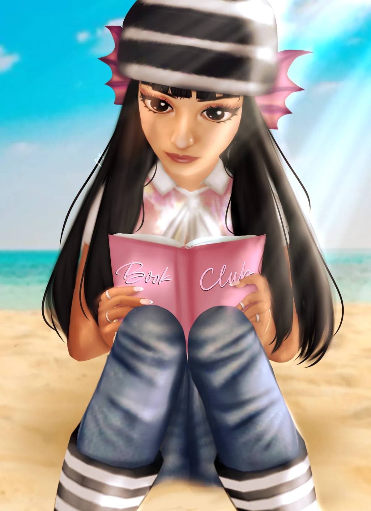 Seated character on a beach wearing a dark cap and holding a pink notebook.