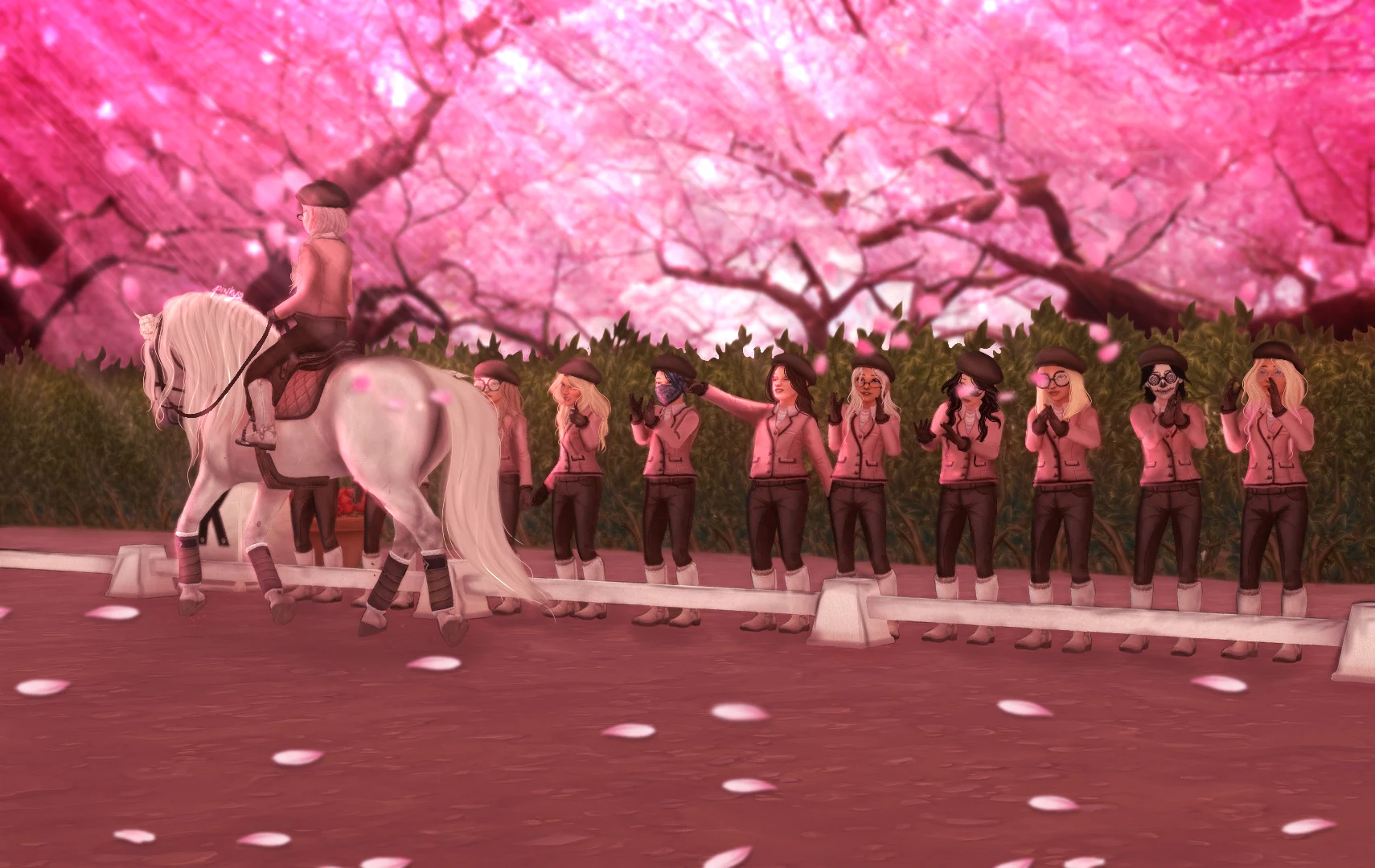 A line of riders and horses beneath a canopy of vivid pink cherry blossoms.