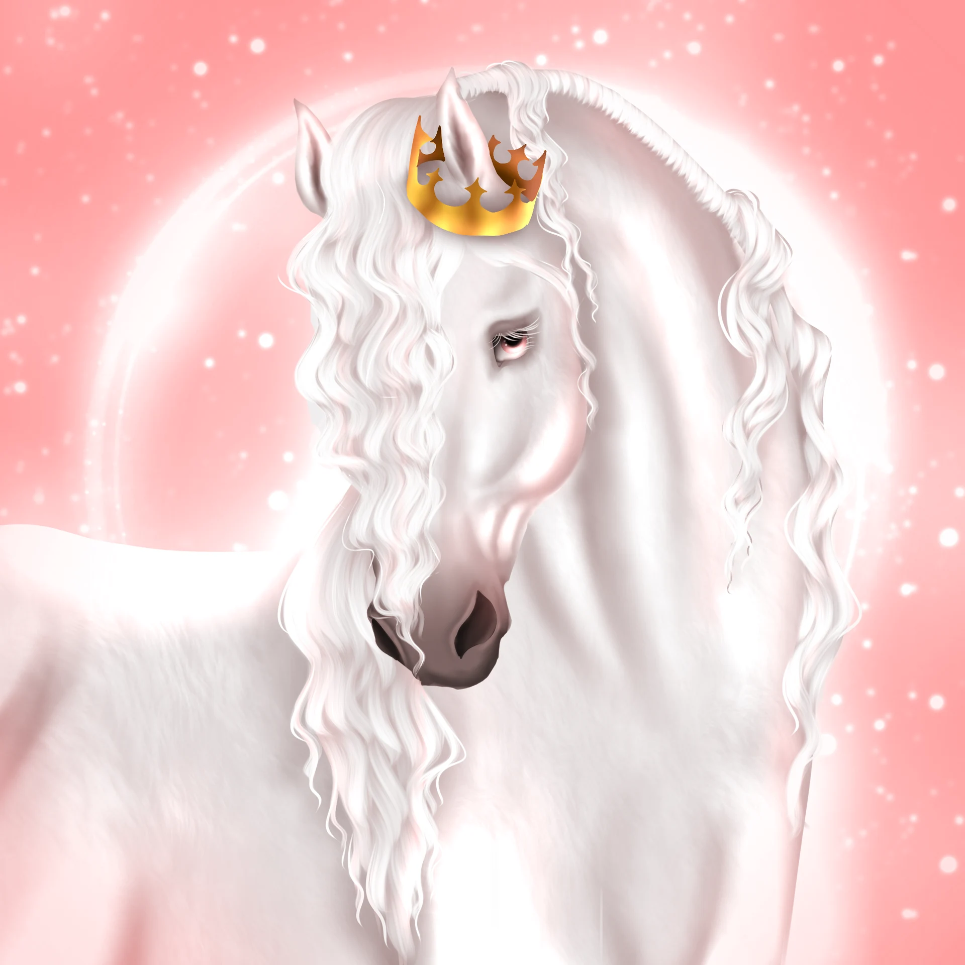 Portrait of a white horse with a long curled mane wearing a golden crown.