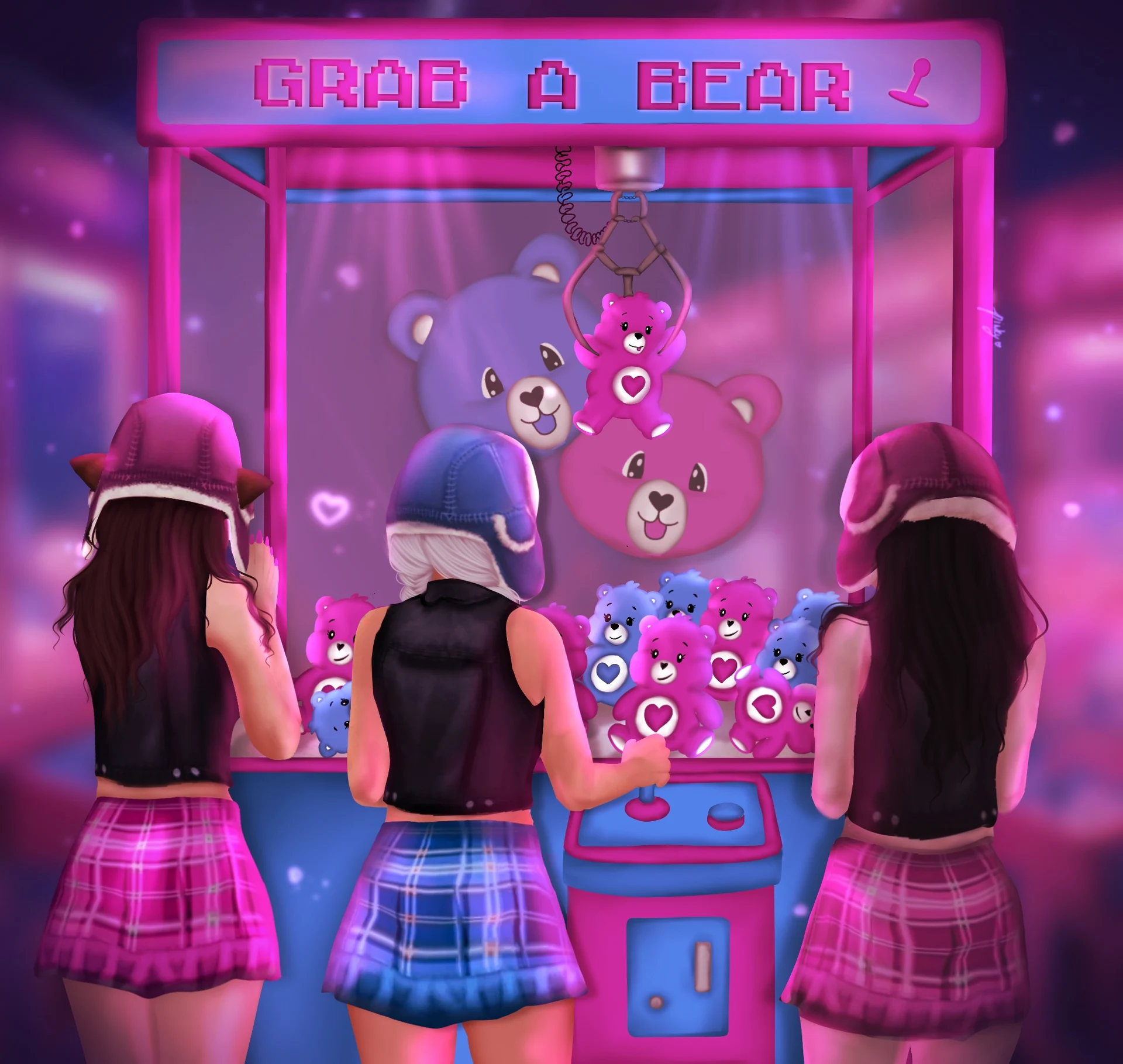 Three characters at a pink claw machine filled with plush bears.