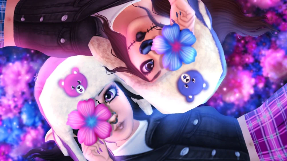 Two characters lying head to head with flowers and small colorful accessories.