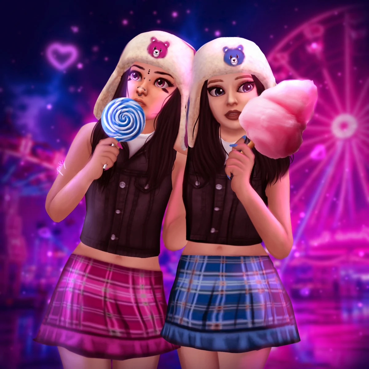 Two characters in plaid skirts holding a lollipop and cotton candy in a neon setting.
