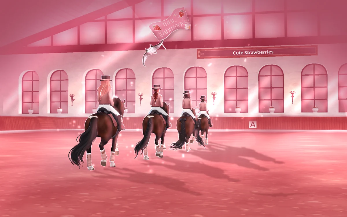 Four riders on dark horses heading toward a pink stable.