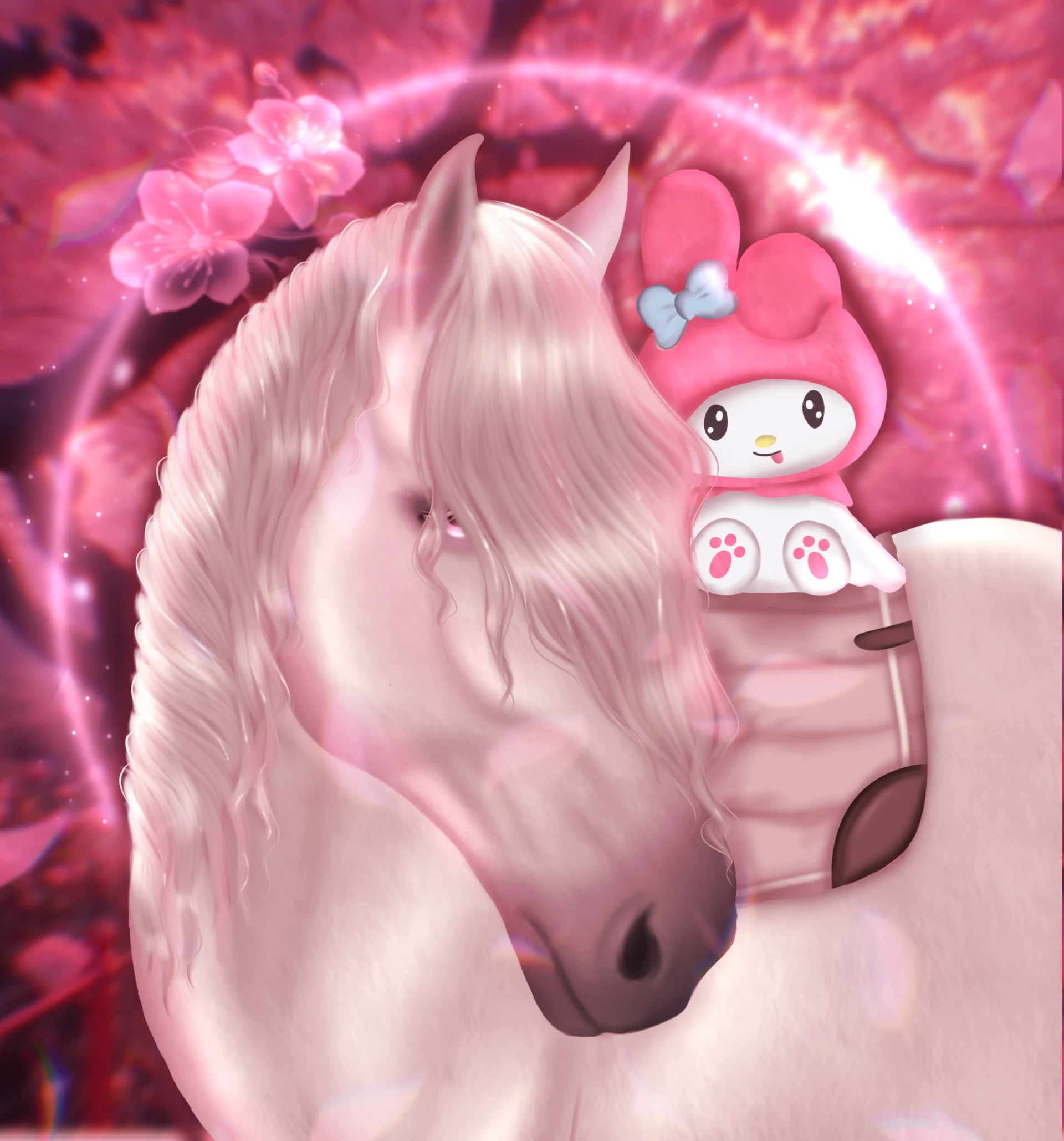 Portrait of a pale horse with a pink mane, bow and small kawaii accessories.