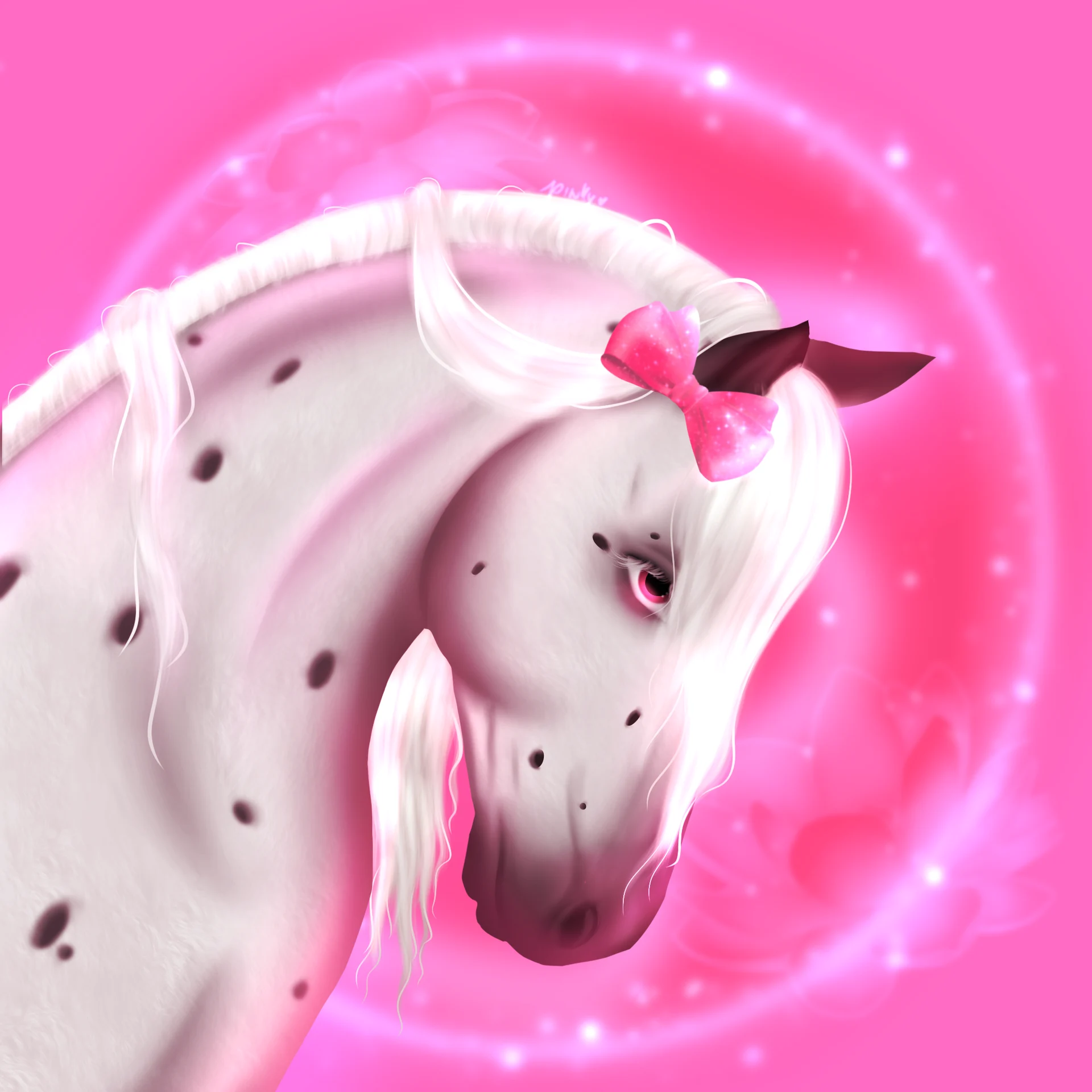 Portrait of a spotted white horse with a pink bow in front of a bright pink halo.