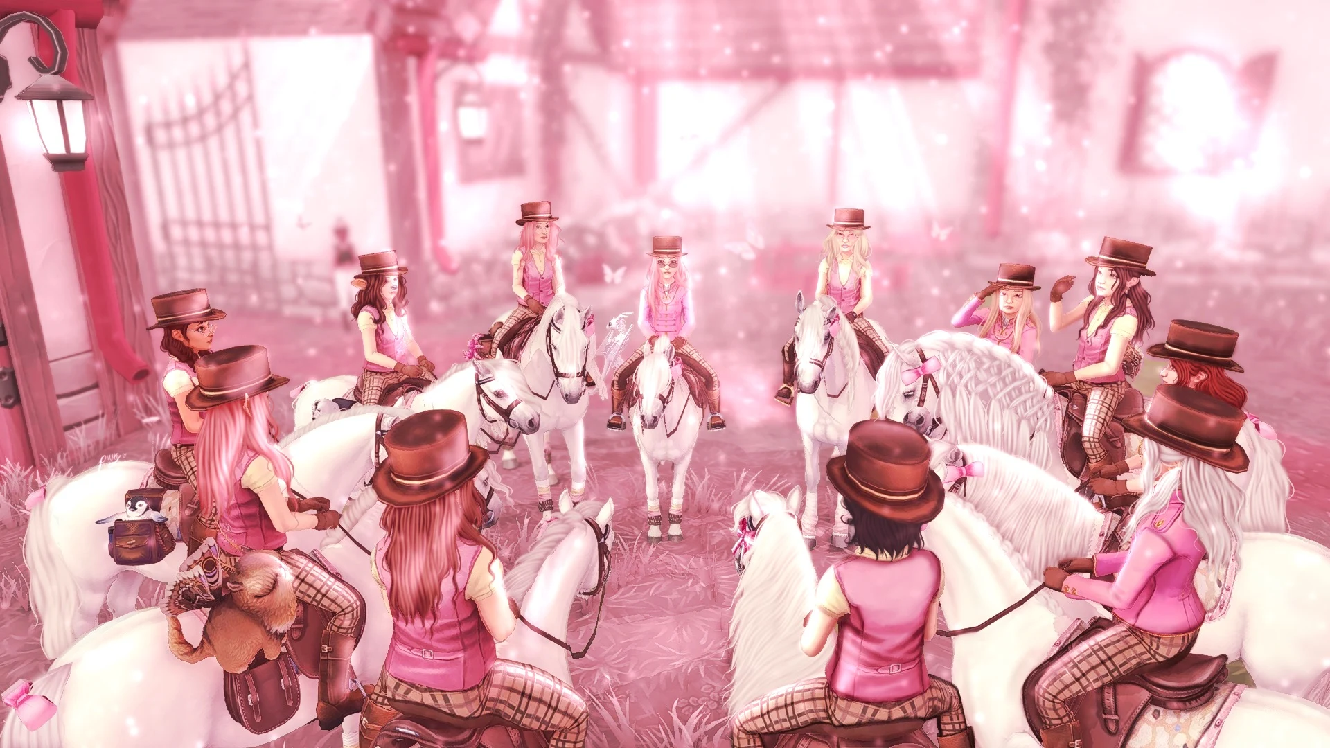 Group of riders on white horses gathered in a courtyard filled with pink light.