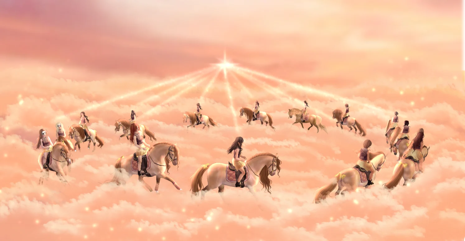 Riders and horses arranged in a circle on golden clouds beneath a glowing sky.