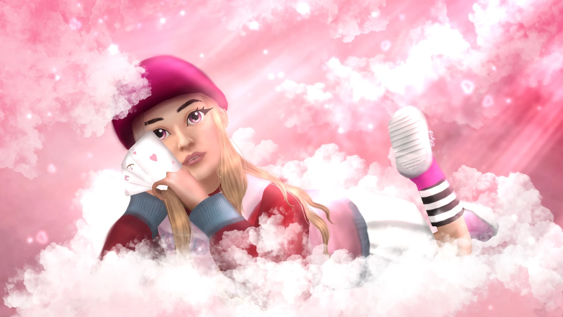Character in a pink cap resting among glowing clouds with a white feather.