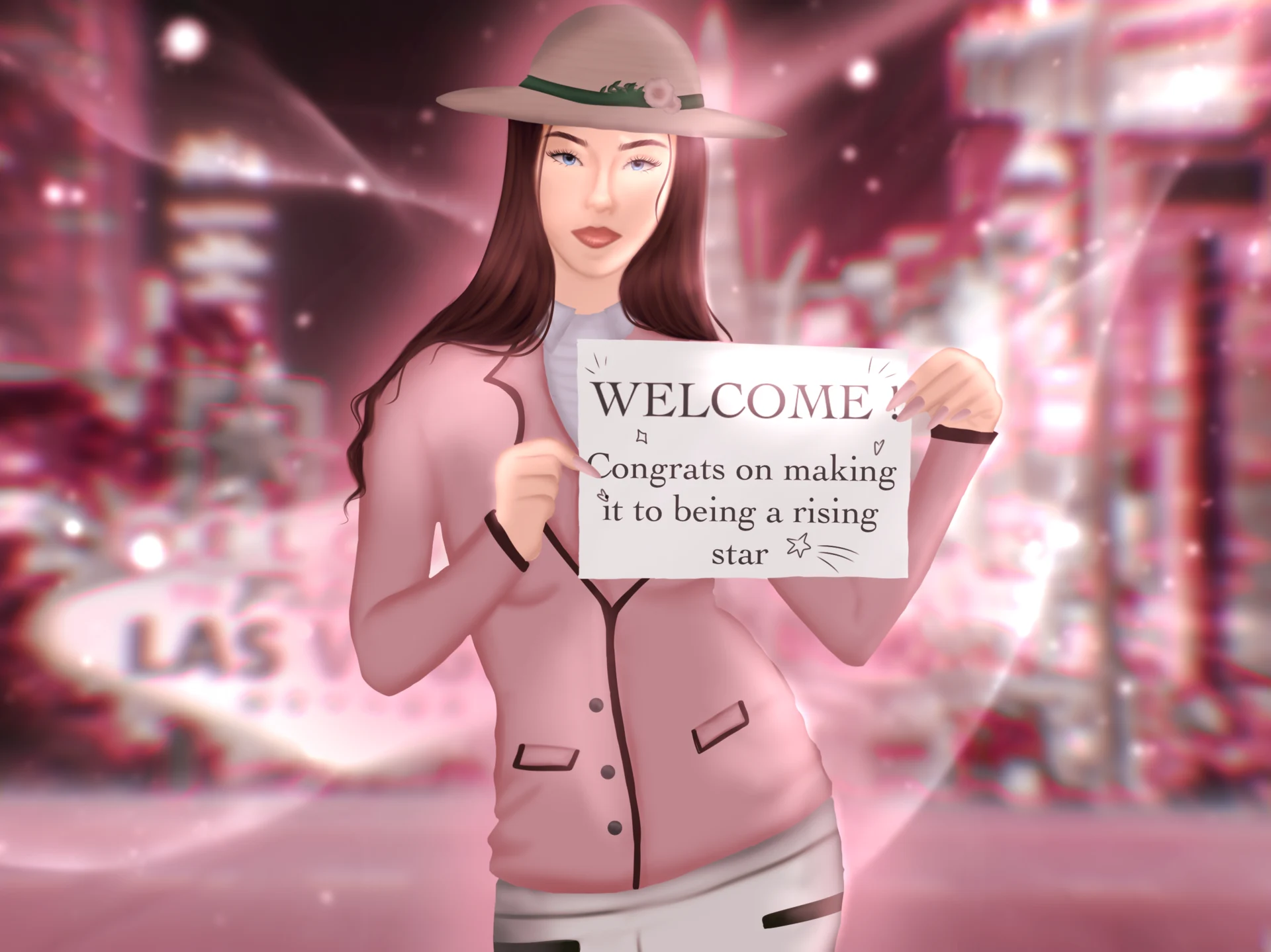 Character in a pink jacket holding a welcome sign in a softly glowing setting.
