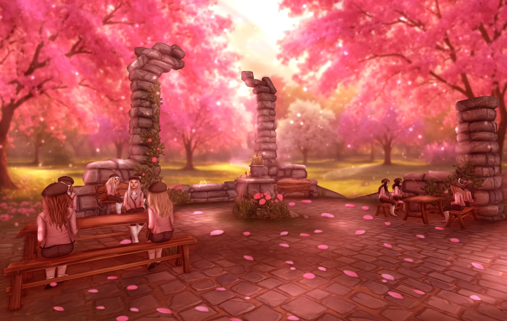 Sunlit stone courtyard surrounded by pink cherry trees and wooden benches.