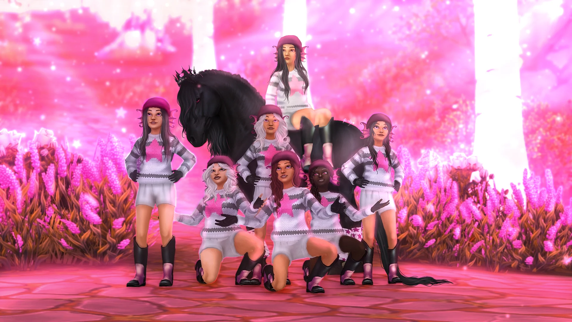 Group of characters in pink outfits posing with horses in a bright floral setting.