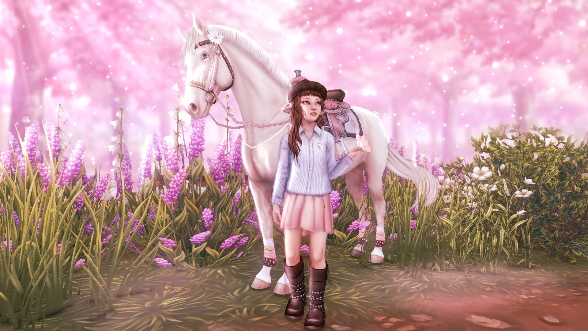 Young rider in a pink outfit beside a white horse in a flowered field under cherry blossoms.