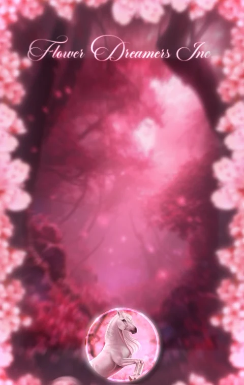 Fond vertical rose encadré de fleurs de cerisier, avec un petit portrait de cheval en bas.