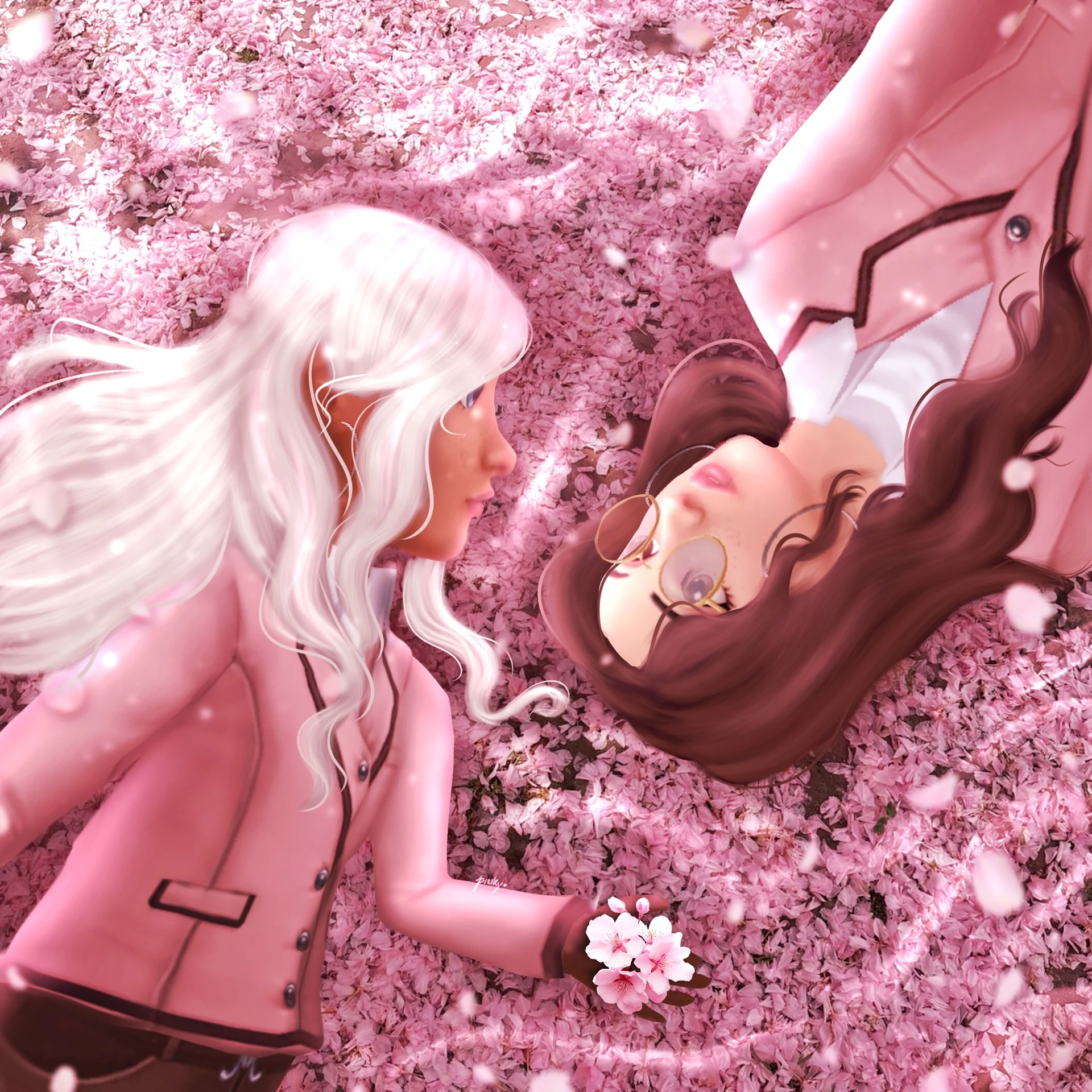 Two characters face to face beneath cherry blossoms, with one appearing upside down.